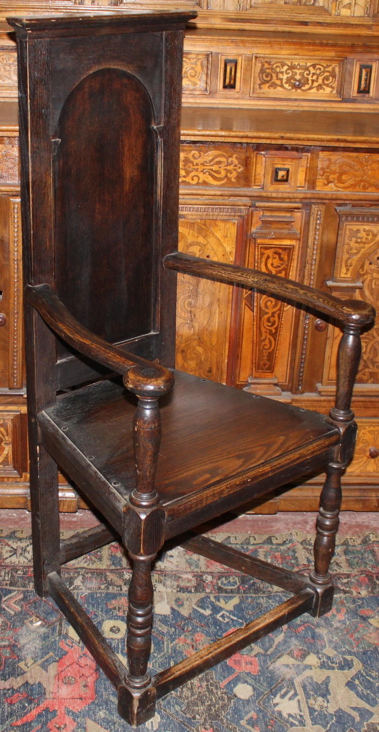 OAK HIGH BACK GOSSIPING ARMED DINING CHAIRS